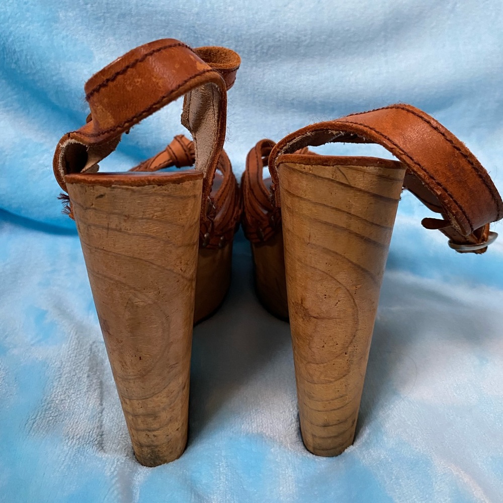 Vintage 70s 6.5 Wooden Platform Heels Sandals Leather 1970s Hippie Cher Disco - Picture 5 of 12